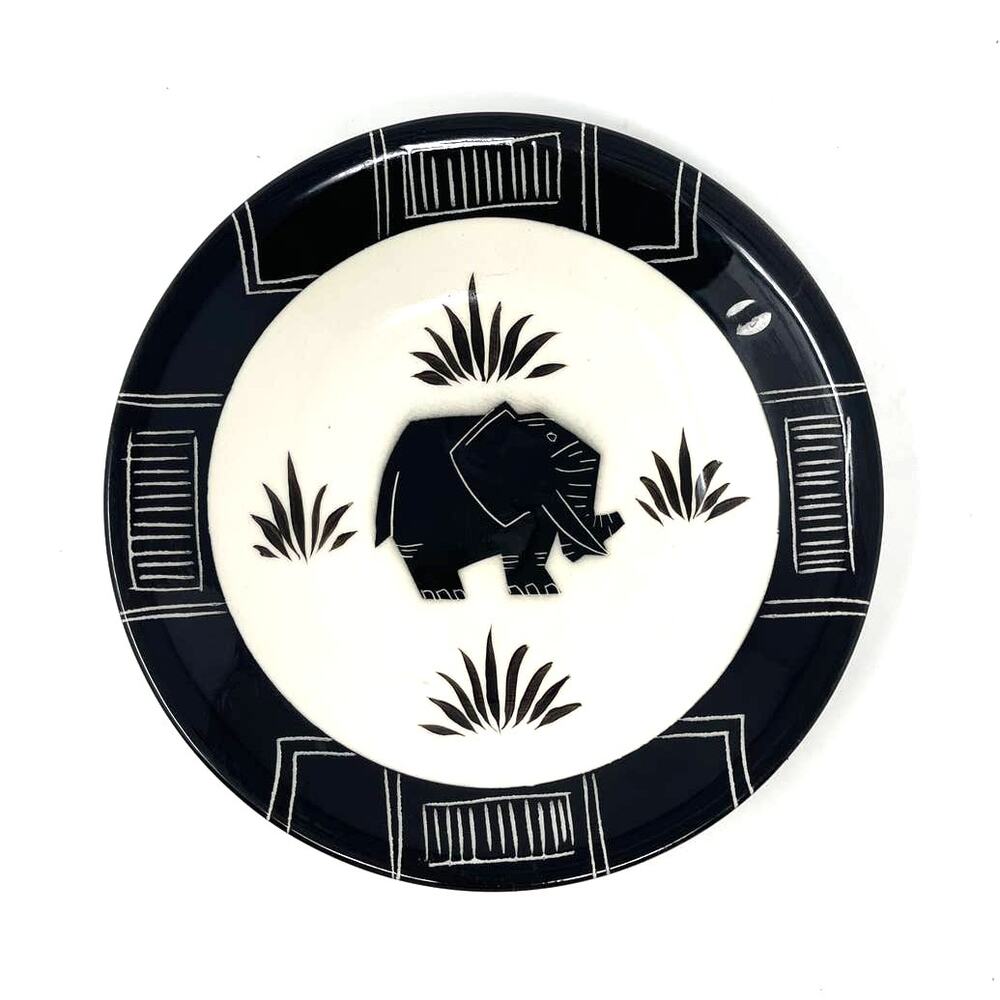 Catryn Black & White Elephant Deco Decorative Wall Plate / Bowl ~Signed 8"